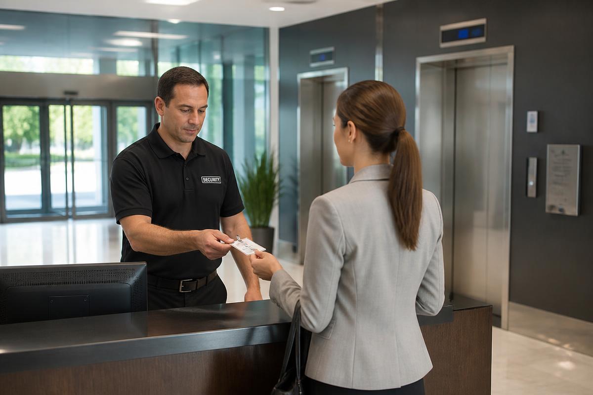 Licensed Blue Line security officer verifying credentials at a building entrance