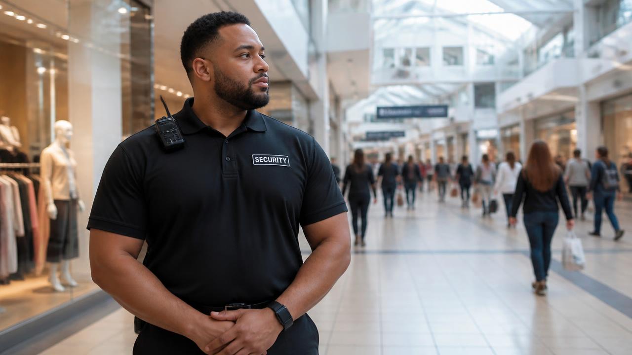 Security officer monitoring a retail concourse and store entrances