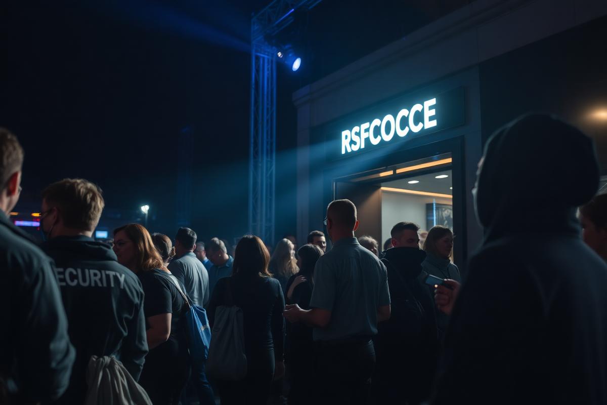 Event security staff managing a guest entry line at night