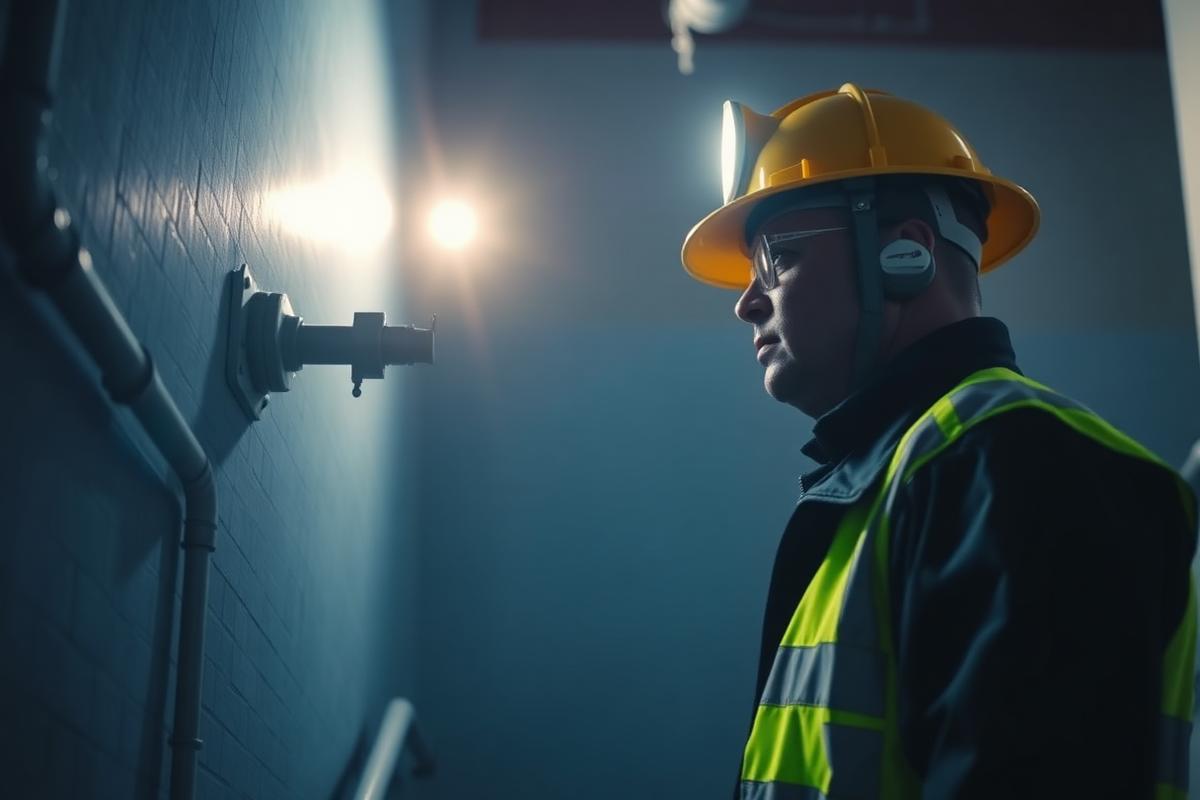 Fire guard inspecting a sprinkler standpipe during a construction fire watch