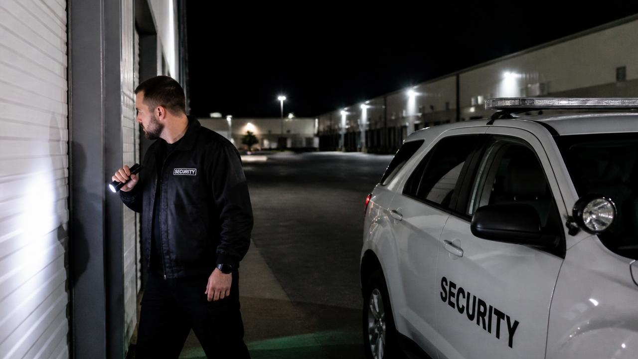 Marked security patrol vehicle checking a commercial lot at night