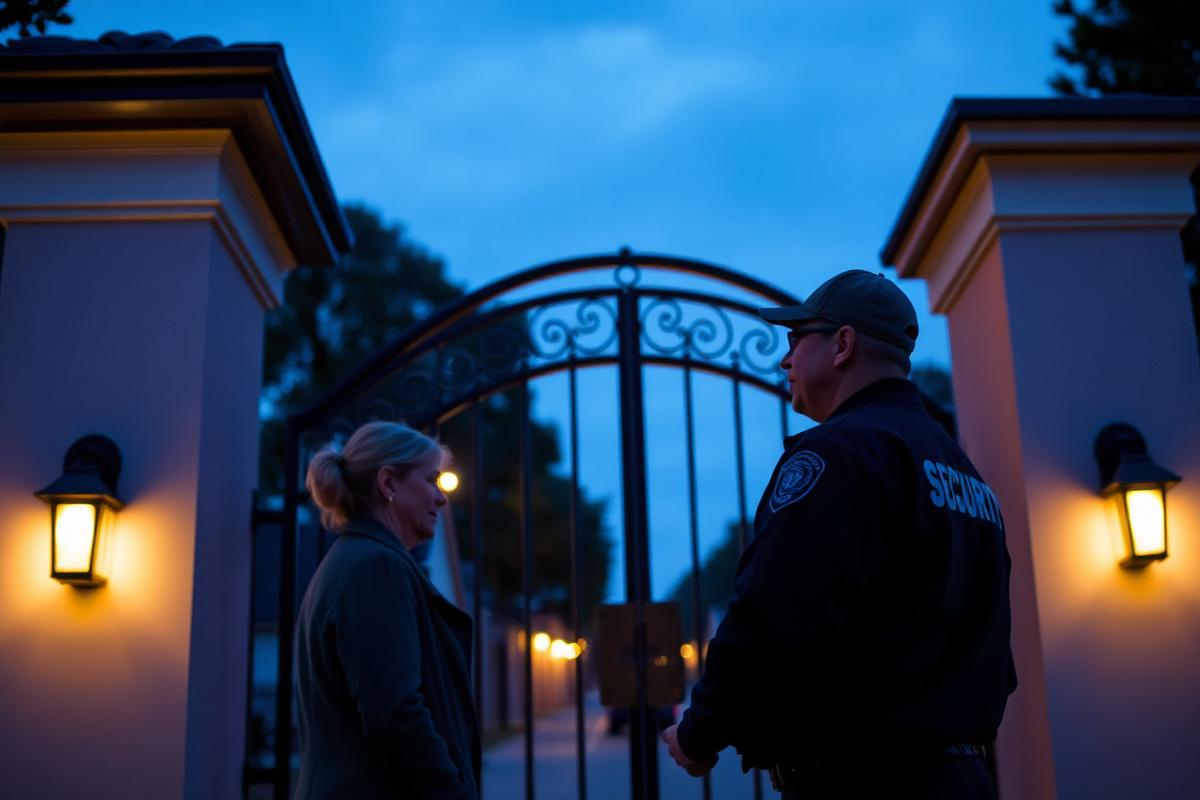 Security officer greeting a resident at a gated community entrance